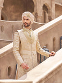 Champagne Beige Silk Embroidered Sherwani For Groom