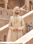 Champagne Beige Silk Embroidered Sherwani For Groom