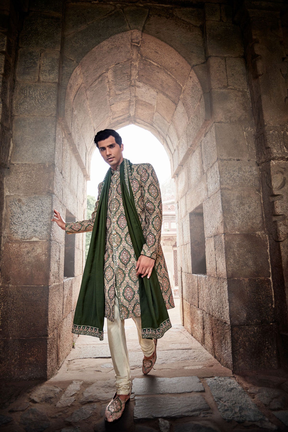 Designer Sherwani with Saturated Green Intricate Embroidery