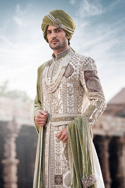 Royal Ivory Hand-Embroidered Silk Sherwani Set