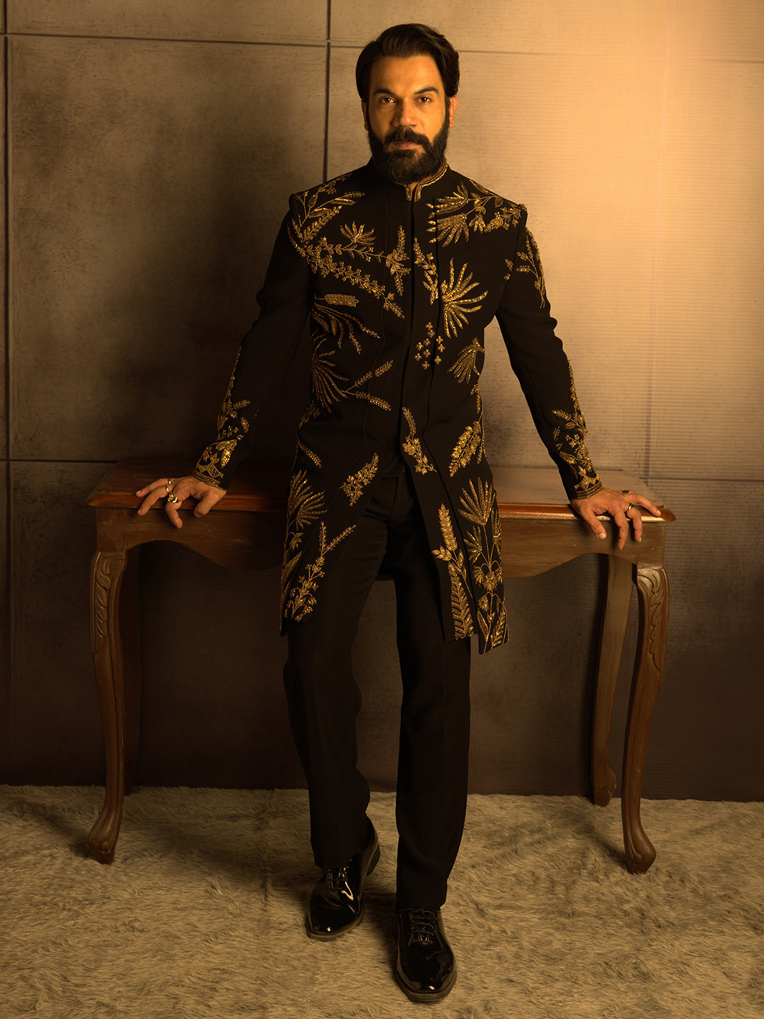 Black Indowestern with Gold Zardozi Embroidery Paired with a Black Ali Black Indowestern with Gold Zardozi Embroidery Paired with a Black Ali