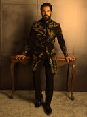 Black Indowestern with Gold Zardozi Embroidery Paired with a Black Aligadi Pant.