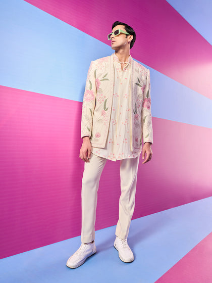 Cream Jodhpuri Sets Embroidered Colorful Thread Work with Kurta and Pant