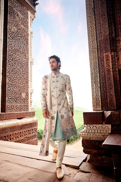 Cream Hand-Embroidered Silk Sherwani Set