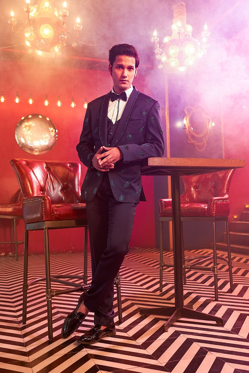 Deep Navy Embellished Cocktail Tuxedo Suit – KORANM