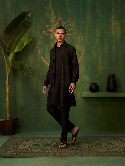Black Pleated Kurta Set for Men with Timeless Appeal