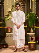 Muhurtham set with Chandan gold on Kurta, Dupatta, and Dhoti - KORANM
