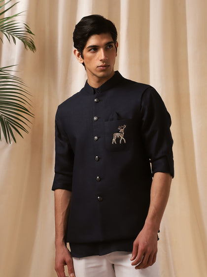 Navy Blue Embroidered Linen Bandi Shirt for Men