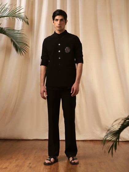Black Rose Embroidered Bandishirt for Men