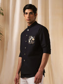 Navy Blue Terry rayon  Embroidered Bandi Shirt