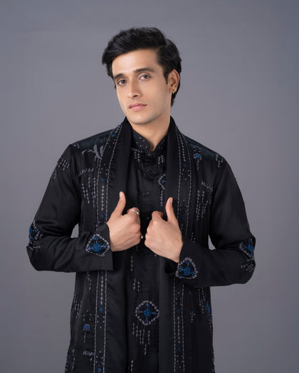 Black Embroidered Munga Silk Kurta Set with Aligarhi Bottom & Dupatta | KoraNm Men’s Ethnic Wear