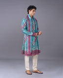 Aqua Silk Kurta Set with Print & Embroidery