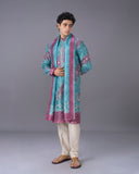 Aqua Silk Kurta Set with Print & Embroidery
