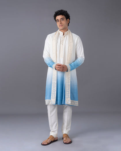 Cream & Blue Ombre Silk Kurta Set with Embroidery