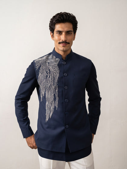 Navy Terry Rayon Chinese Collar Embroidered Bandi Shirt