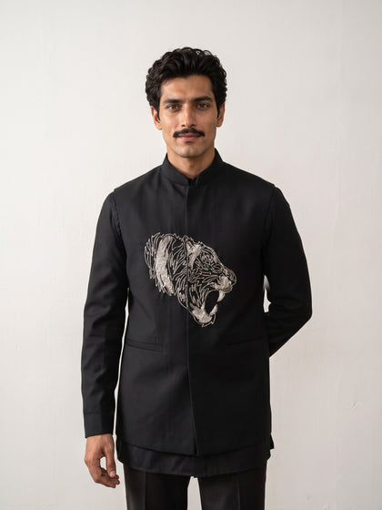 Black Terry Rayon Bandi Shirt with Hand-Embroidered Tiger Motif