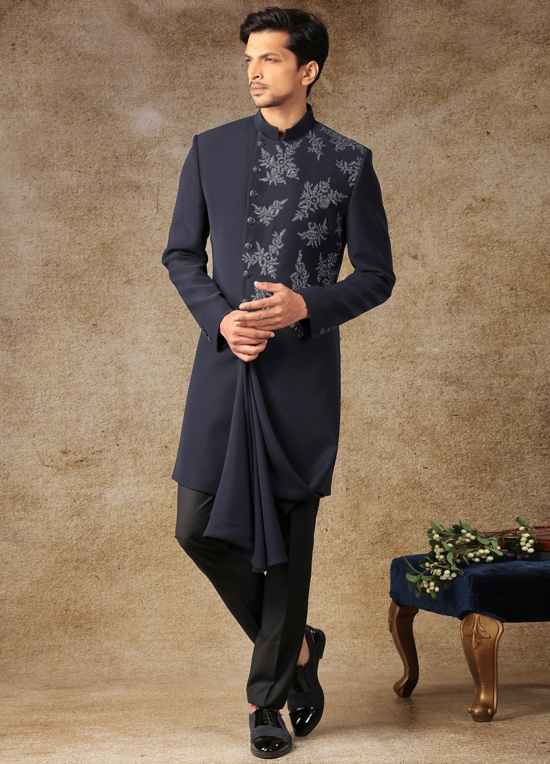 Space Blue Asymmetric Indo-Western Set – KORANM - Main Image