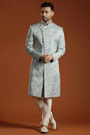 Greyish Green Embroidered Traditional Sherwani Set