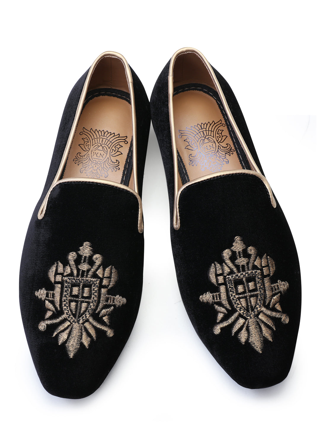 Black Velvet Hand Crafted Light Gold Embroidered Shoes – KORANM