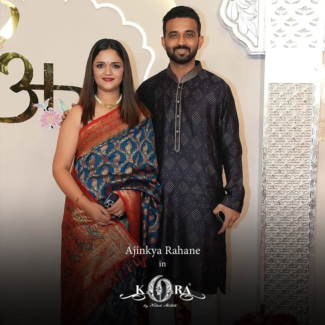 Cricketer Ajinkya Rahane redefines elegance in our navy jacquard printed kurta with churidar.
