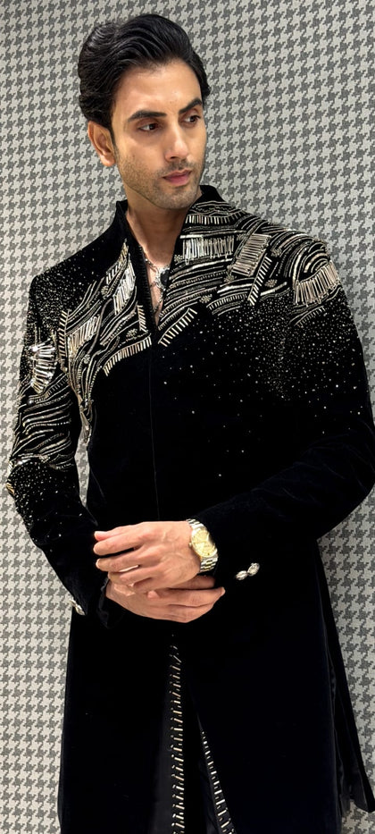 Black Velvet Zardozi & Metal Embellished Indo-Western Kurta with Pants
