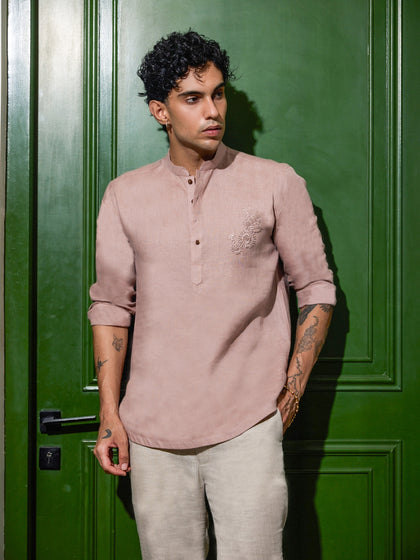 Onion Hand Embroidered Linen Short Kurta