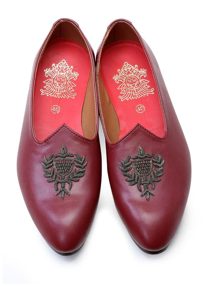 Wine Hand Crafted Zardoshi Embroidered Semi- Leather Jutti