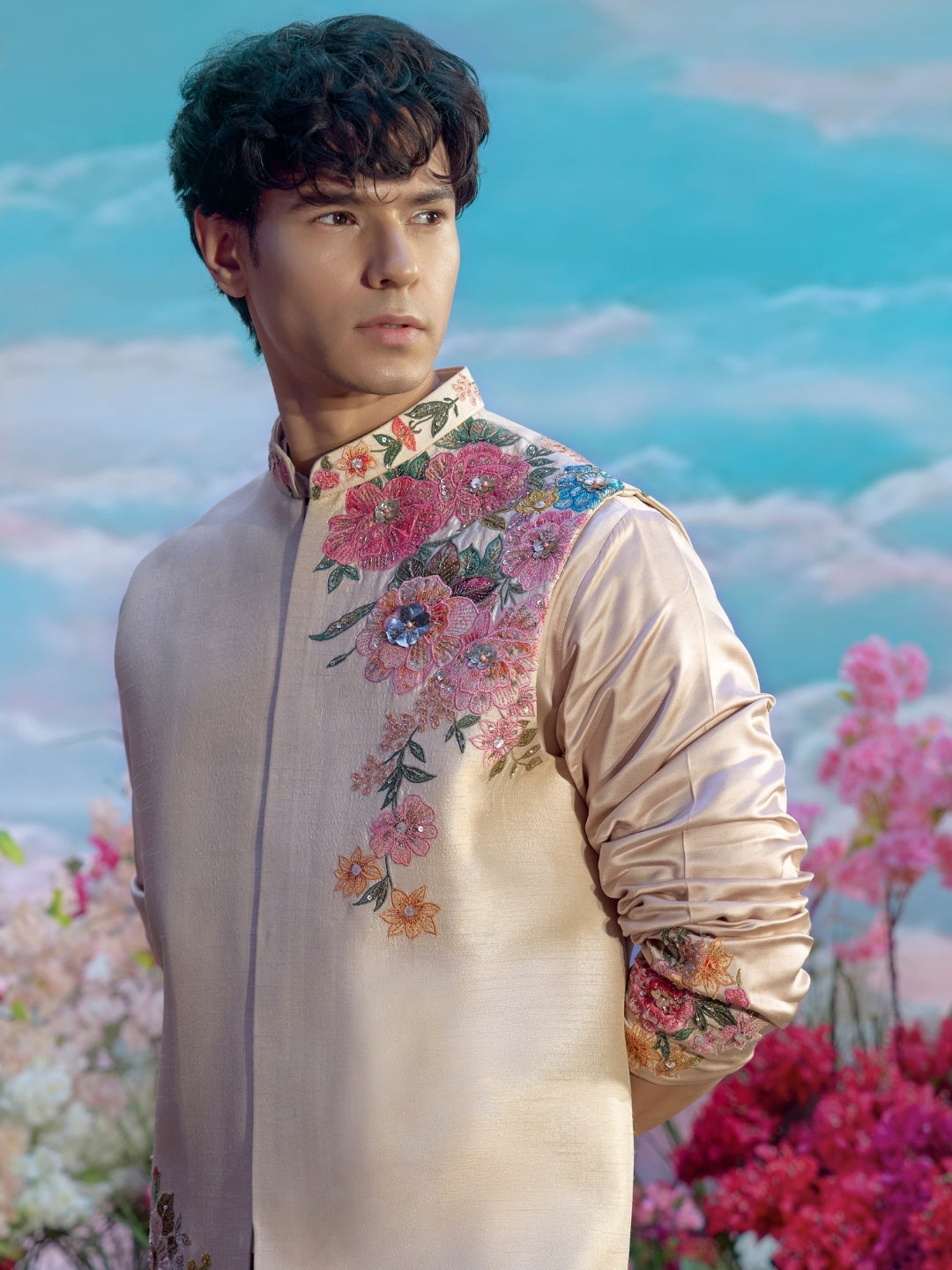 Natural Multicolour Embroidered Bandi Kurta Set - KORANM