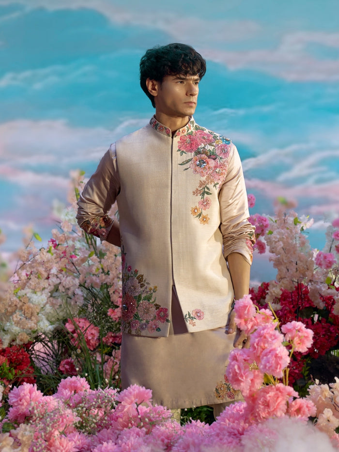 Natural Multicolour Embroidered Bandi Kurta Set - KORANM