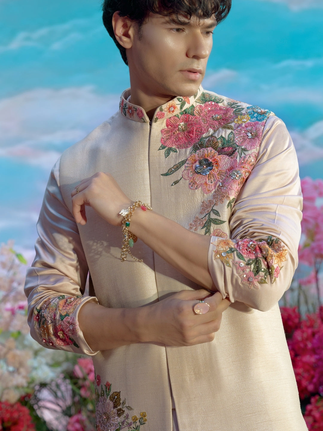 Natural Multicolour Embroidered Bandi Kurta Set - KORANM