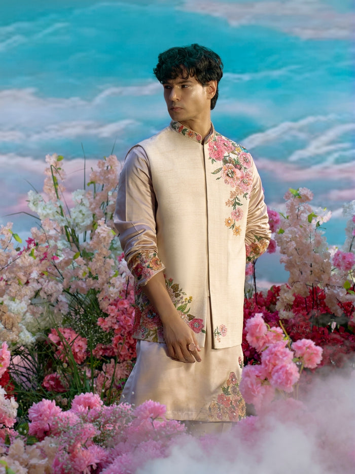 Natural Multicolour Embroidered Bandi Kurta Set - KORANM