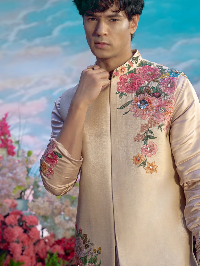 Natural Multicolour Embroidered Bandi Kurta Set - KORANM