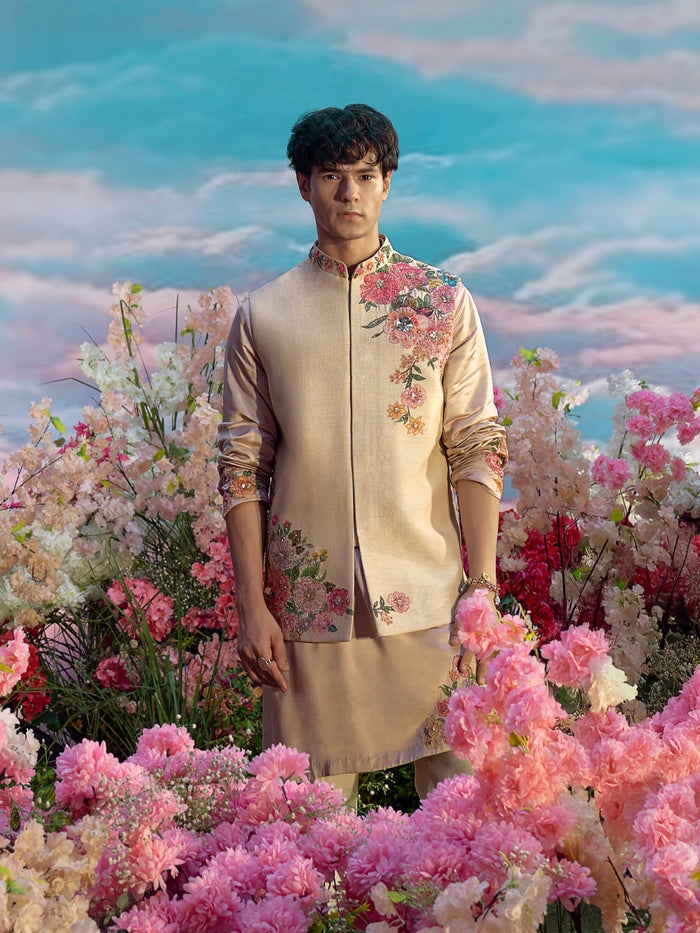 Natural Multicolour Embroidered Bandi Kurta Set - KORANM