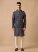 Indigo Silk Kurta Set for Men with Kalamkari Print and Cream Aligarhi Bottom