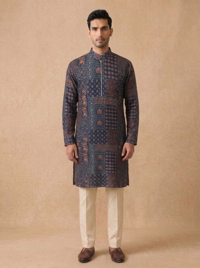 Indigo Silk Kurta Set for Men with Kalamkari Print and Cream Aligarhi Bottom - KORANM