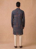 Indigo Silk Kurta Set for Men with Kalamkari Print and Cream Aligarhi Bottom