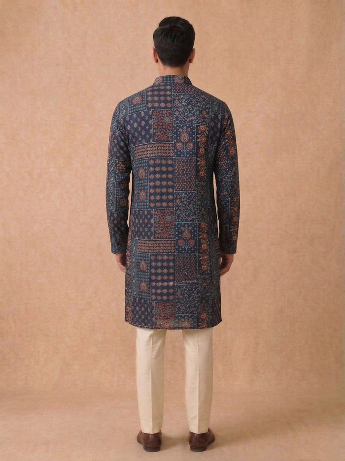 Indigo Silk Kurta Set for Men with Kalamkari Print and Cream Aligarhi Bottom - KORANM