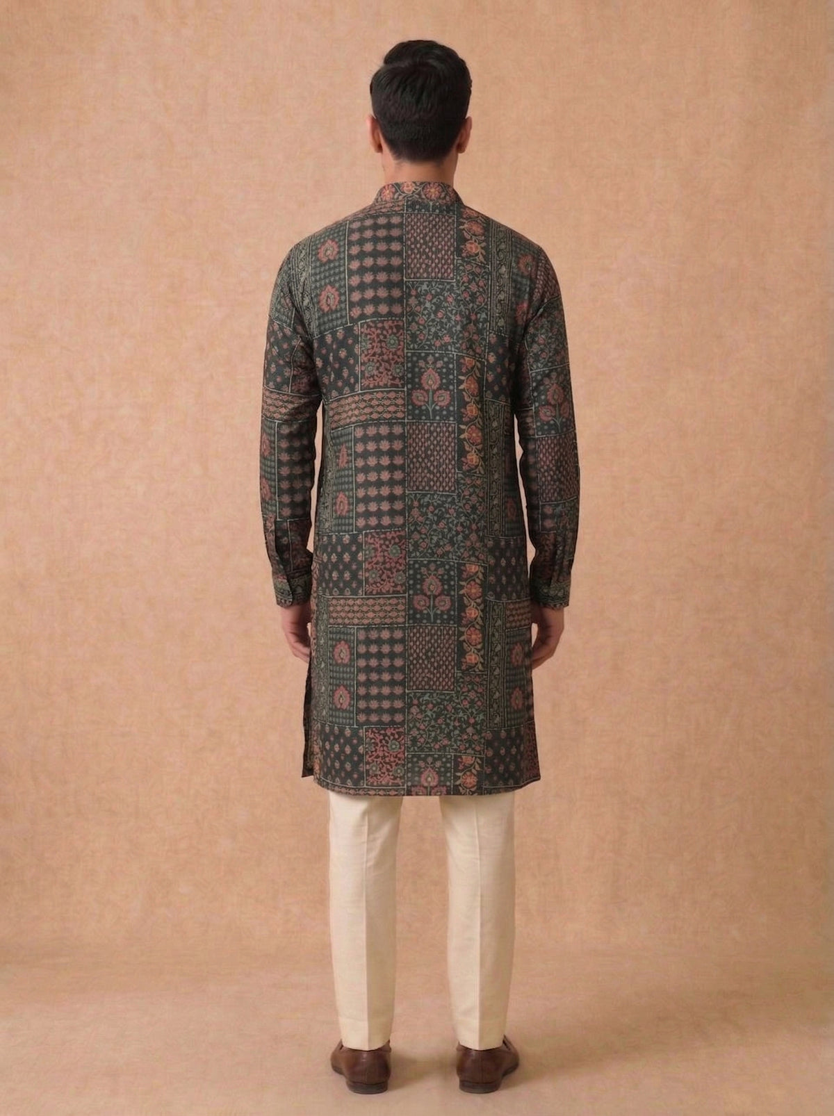 Black Silk Kurta Set for Men with Kalamkari Print and Cream Aligarhi Bottom - KORANM