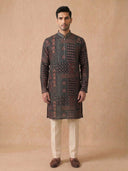 Black Silk Kurta Set for Men with Kalamkari Print and Cream Aligarhi Bottom