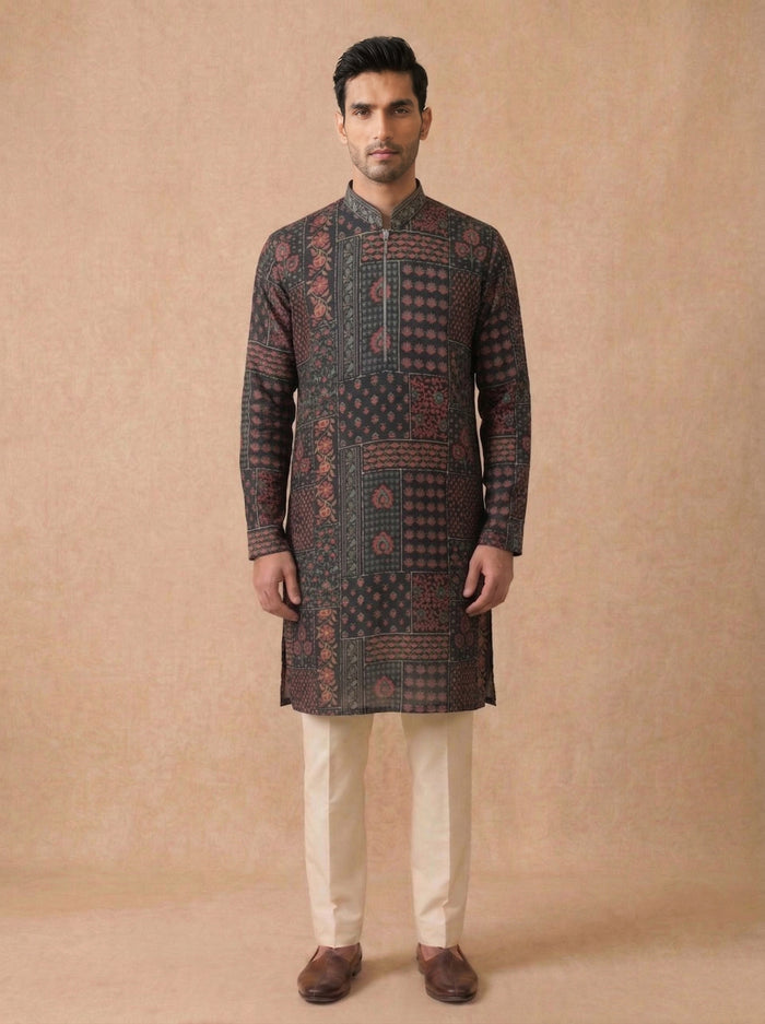 Black Silk Kurta Set for Men with Kalamkari Print and Cream Aligarhi Bottom - KORANM