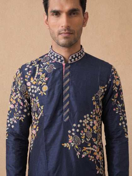 Navy Blue Silk Kurta Set with White Aligarhi for Men – Floral Embroidered Ethnic Wear