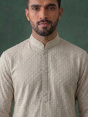 Olive Green Raw Silk Kurta Set with Cream Aligarhi for Men – Resham Work Ethnic Wear - KORANM