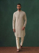 Olive Green Raw Silk Kurta Set with Cream Aligarhi for Men – Resham Work Ethnic Wear - KORANM