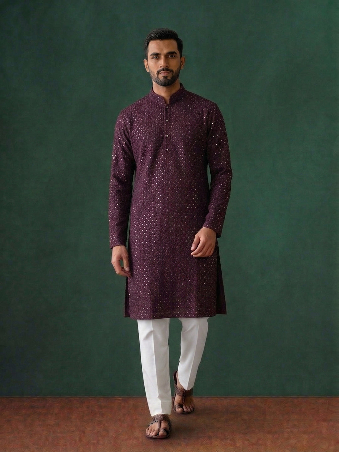 Wine Silk Kurta Set for Men with Embroidery & White Aligarhi Bottom - KORANM