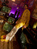 Mustard Satin Linen Embroidered Kurta Set with Off White Palazzo Pant | Men's Festive Wear