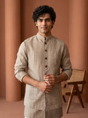 Light Brown Linen Embroidered Bandi Shirt