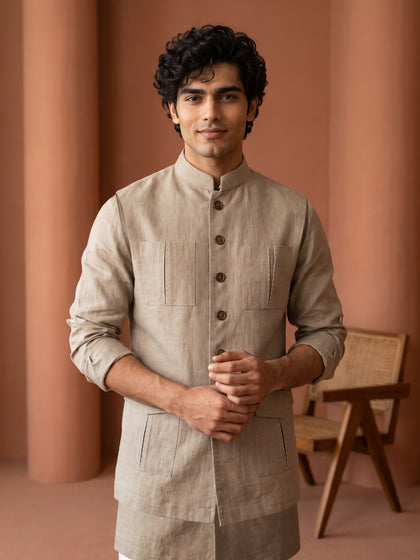 Light Brown Linen Embroidered Bandi Shirt