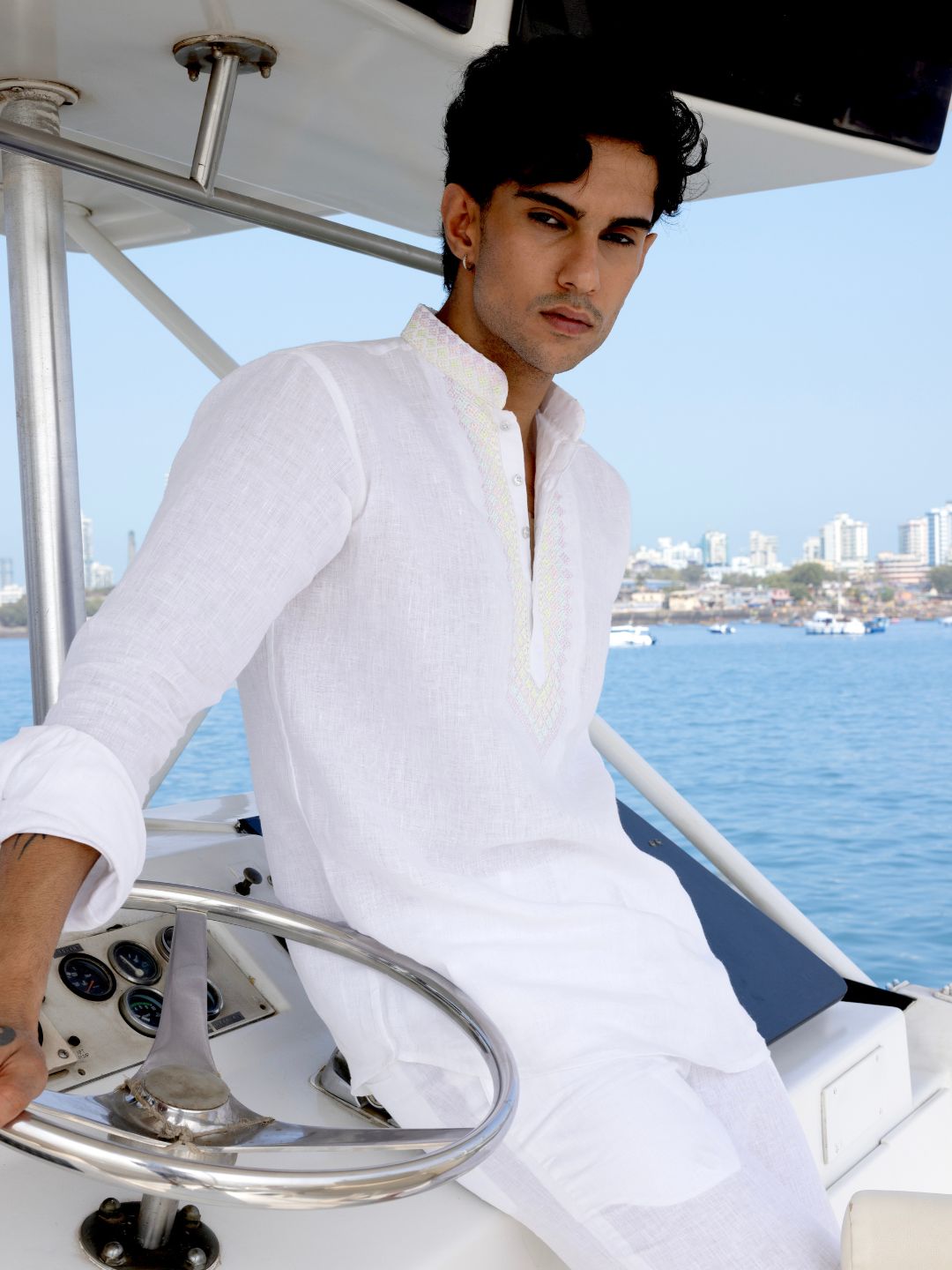 White Embroidered Linen Short Kurta for Men - KORANM