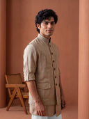 Light Brown Linen Embroidered Bandi Shirt