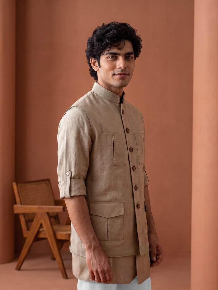 Light Brown Linen Embroidered Bandi Shirt